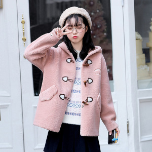 秋冬季学生少女毛绒绒短款小个子牛角扣小清新学院风加厚大衣外套