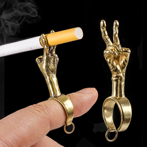 纯铜戒指烟托手骨创意比耶手势戒指烟夹指环防熏黄粗中细烟用支架