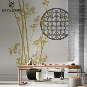 中式花窗竹子清新淡雅风卧室沙发电视背景墙布无纺布定制壁纸壁画