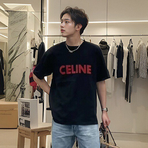 赛琳莎渊celine新款胸前红色字母logo印花男士圆领宽松短袖t恤夏