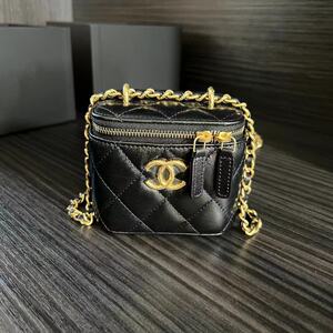 现货 chanel香奈儿抽绳羊皮链条包 小盒子包 黑金