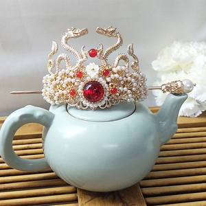 古风头饰发冠东方原素发簪配饰龙母夜弦歌头冠双龙戏…颜色分类红