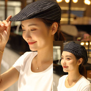 条纹贝雷帽餐厅服务员前进帽烘焙面包店咖啡店员厨师帽子定制商标