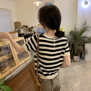 黑色条纹镂空针织短袖t恤女夏季韩版设计感小众别致体恤正肩上衣