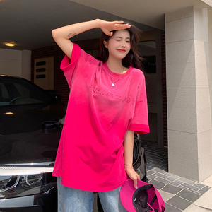 玫红色印花火龙果色短袖t恤女夏宽松微胖显瘦下身失踪高级感上衣