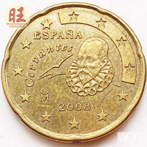 1999-2008年西班牙20欧分黄铜硬币.22mm.外币纪念绝版