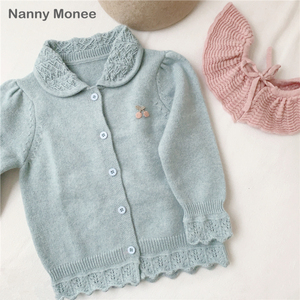 NannyMonee女童100%山羊绒毛衣开衫儿童女宝宝复古娃娃领羊绒衫