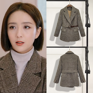 爱的厘米佟丽娅关雨晴同款衣服女格子西装外套中长款羊毛呢大衣冬
