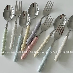 法式ins珍珠陶瓷柄不锈钢勺叉餐具套装主餐勺饭勺甜品勺意面叉子