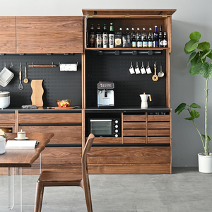 北欧黑胡桃餐边柜实木岩板橱柜储物柜客厅一体靠墙展示柜日式高柜