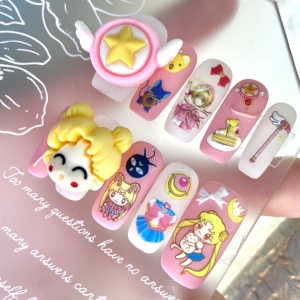手工制作穿戴甲片成品美甲贴片可爱卡通奶白公主粉色美少女小樱