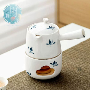 纯手绘蝴蝶兰花侧把陶瓷茶壶茶套装泡茶瓷壶中式带温茶底座