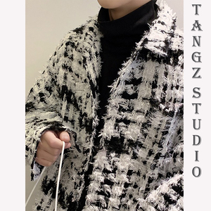 TANGZ STUDIO小香风粗花呢外套男女慵懒风黑白格子短款大衣夹克潮