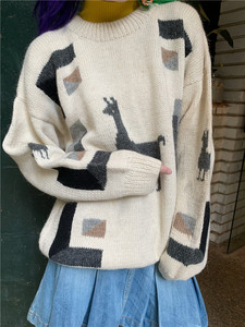 海淘 秘鲁制造羊毛套头衫异域风情图腾感灰白复古少女古着毛衣