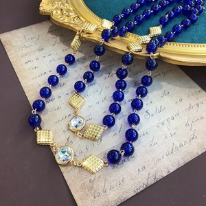 复古祖母绿蓝色琉璃珠长款项链毛衣链耳钉几何镀真金项链耳环