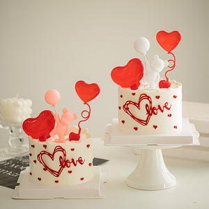 白色情人节气球小熊蛋糕装饰摆件网红告白love爱心烘焙插件插牌