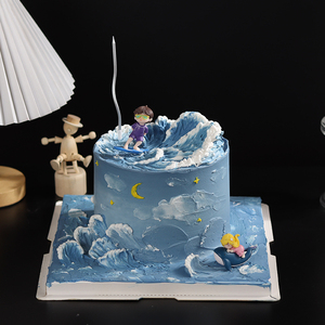 创意冲浪男孩生日蛋糕装饰摆件海洋夏日主题骑鲸鱼小女孩烘焙插件