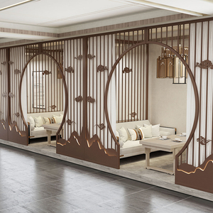 新中式拱门屏风隔断墙饭店包间包厢铁艺半圆形月亮门洞格栅装饰