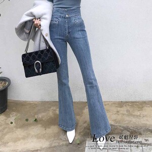 1kui韩国官网正品代购冬款摩登大长腿时尚一粒扣小高腰喇叭牛仔裤
