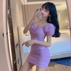 紫色连衣裙复古方领修身包臀短裙2023年夏季新款泡泡袖网纱裙子潮