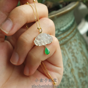 老坑种a货翡翠 高冰白莲花荷花吊坠 18k金镶嵌精品锁骨挂坠女士款