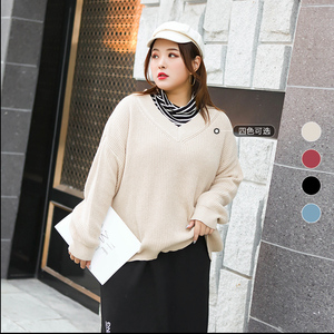 miss38特大码女装【斩男毛衣】胖妹妹v领套头针织衫落肩显瘦上衣