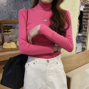 半高领修身玫粉色长袖针织衫上衣女春秋季糖果色毛衣玫红色打底衫