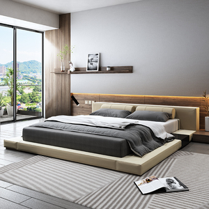 北欧日系民宿落地榻榻米床主卧室意式现代简约科技布无床头软包床