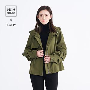 hla/海澜之家小个子短款风衣女2021秋季新款女装连帽外套长袖