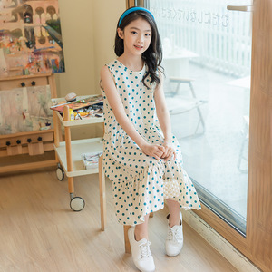 女童夏季连衣裙2024韩版中大童装森系波点公主裙洋气背心蛋糕裙子