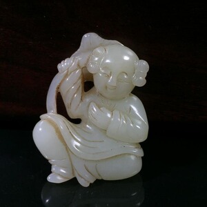明清玉器古玉老玉挂件 老和田玉执荷童子玉佩清代玉童子人物挂件
