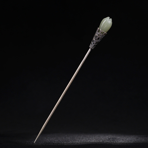 手工设计纯银和田玉兰花发簪女汉服古风单素钗子午簪子情人节礼物