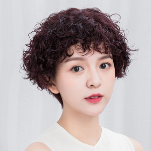 假发女短发短卷发全手织真发人发丝中老年妈妈发时尚羊毛卷全头套
