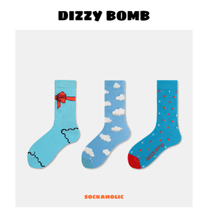 DIZZYBOMB蓝色套盒礼盒三双装情侣男女精梳棉袜秋冬提花原创设计