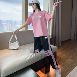 短袖运动三叶草套装女夏季2022年新款休闲女生透气跑步服两件套薄