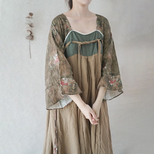 原创设计中国风仕女图亚麻连衣裙女复古改良汉服复古唐代抹胸长袍