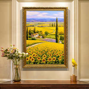 欧式手绘油画向日葵玄关挂画美式客厅过道楼梯餐厅花卉装饰画竖幅