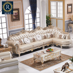 欧式套装组合客厅成套家具香槟金色真皮转角沙发茶几电视柜组合