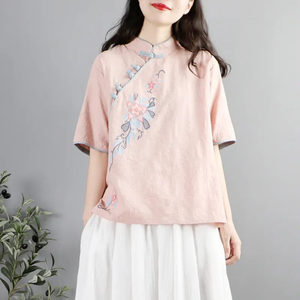 中式短袖棉麻衬衫女夏装中国风复古斜襟盘扣上衣民族风刺绣茶服