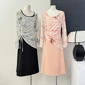 轻熟气质抽绳不规则网纱T恤+复古纯色高级感吊带连衣裙两件套装女