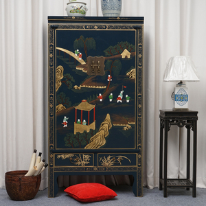 中式实木衣柜家用卧室复古榆木彩绘衣橱大容量高柜收纳装饰柜定制