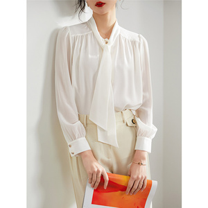 gros snidel白色真丝衬衫女士漂亮桑蚕丝职业高级感长袖气质衬衣