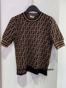 代购fendi芬迪 经典满印老花字母logo针织衫短袖休闲圆领毛衣t恤