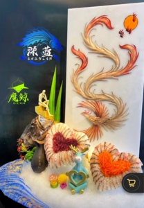 深蓝刺身鱼雕三文鱼鲷鱼盘装饰亚克力海鲜姿造刺身创意摆盘热销