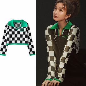 大侦探第七季吴昕同款套头衫棋盘格黑白格子polo领绿边针织衫毛衫