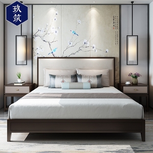 现代新中式实木双人床简约卧室主卧婚床酒店布艺1.8米1.5m床家具