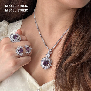 复古夸张镶钻重工时髦彩宝紫钻花瓣耳环项链戒指套装高级感奢气质