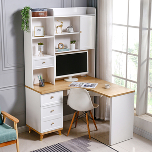 转角书桌书架一体组合电脑桌台式家用简约轻奢儿童写字书柜学习桌