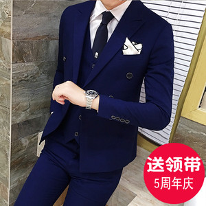 修身韩版潮流双排扣西服套装男士帅气青年学生春季休闲小西装外套