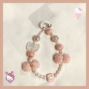 粉色毛球珠子kt猫手提链条手腕短挂绳带夹片手机壳钥匙扣包包挂件